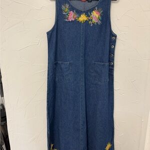 Floral Embroidered Denim Maxi Dress Vintage Vibes